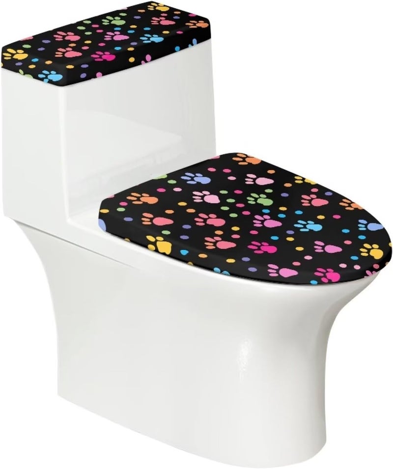 CREAMIC Colorful Dog Paw Prints Toilet Lid Tank Lid Dust Cover Toilet Seat Cover Soft Machine Washable Toilet Tank Cover Decorative Accessories 2 Piece Set Toilet Seat Cover - Image 1